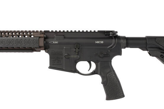 The Daniel Defense MK18 short barrel rifle features forged aluminum receivers